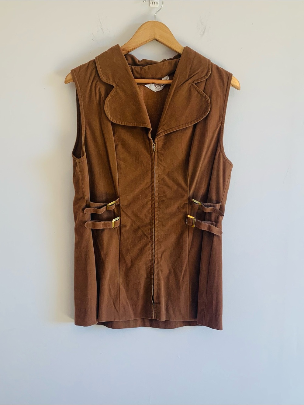 Vintage 70’s Tan Faux Suede Sleeveless Zip-Front Vest with Buckle Waist Detail